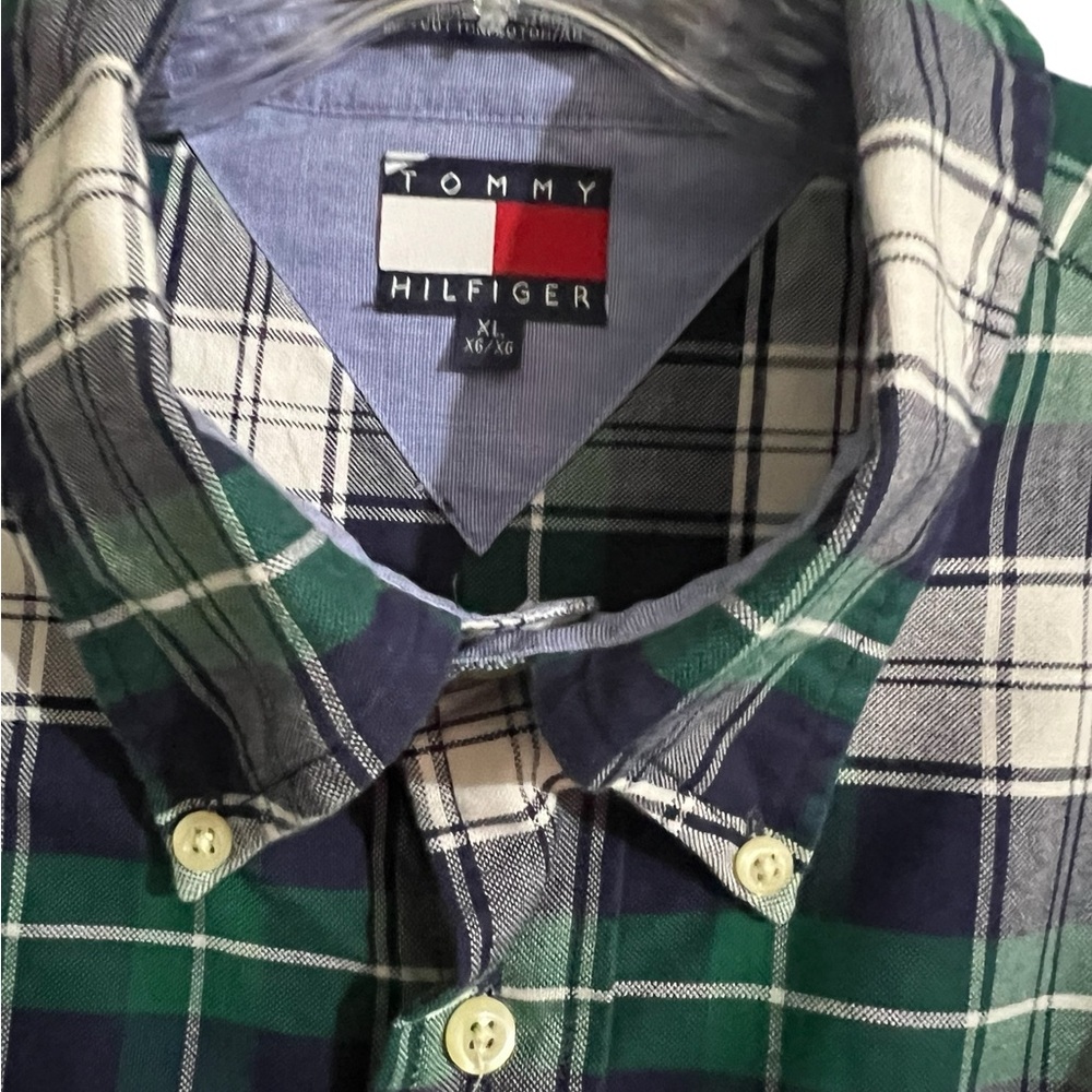 Tommy Hilfiger Men’s Shirt XL Green Blue White Cotton Plaid Long Sleeve - Picture 3 of 6